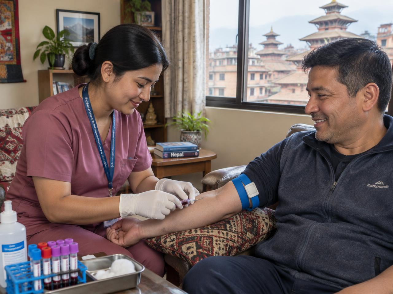 NanoChain phlebotomist collecting a blood sample at a home in Patan